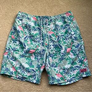 IZOD Saltwater Men’s Hawaiian Floral Pink Flamingo Swim Trunks - Size L - EUC